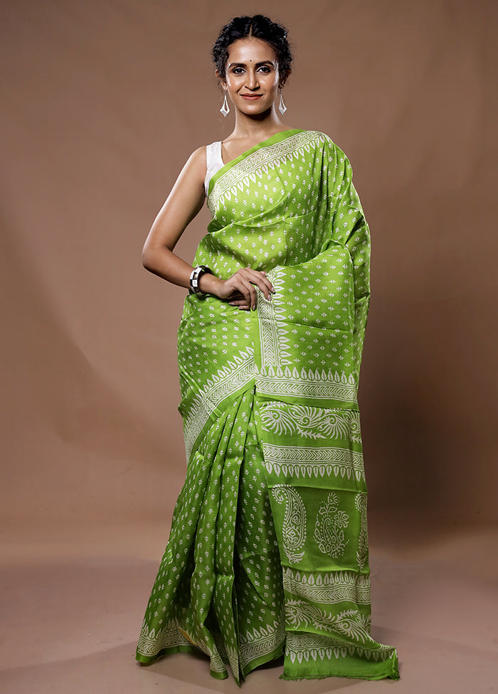 Green Printed Pure Silk Saree With Blouse Piece - Indian Silk House Agencies