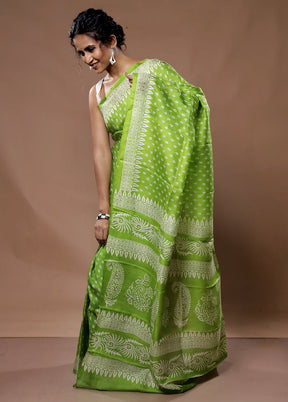 Green Printed Pure Silk Saree With Blouse Piece - Indian Silk House Agencies