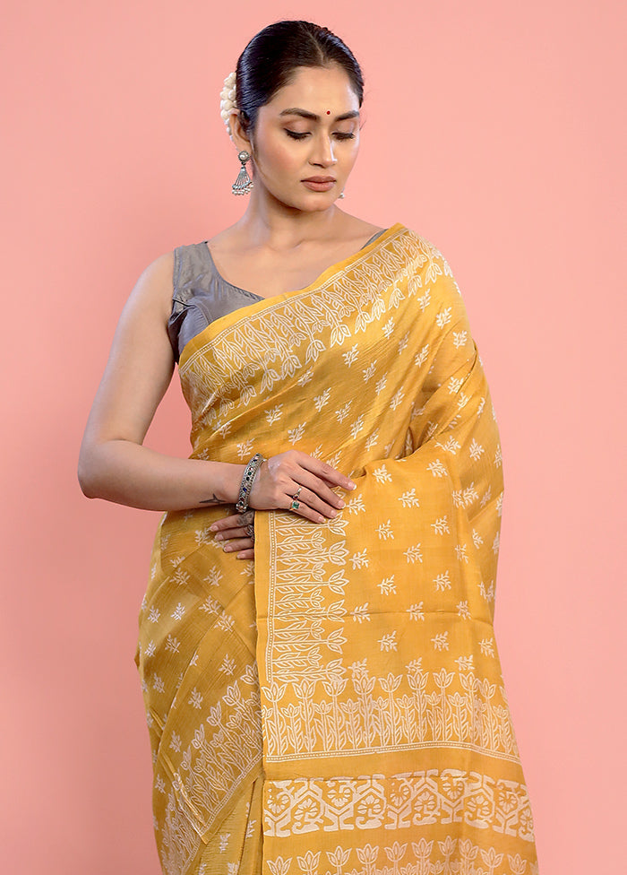 Yellow Printed Pure Silk Saree With Blouse Piece - Indian Silk House Agencies