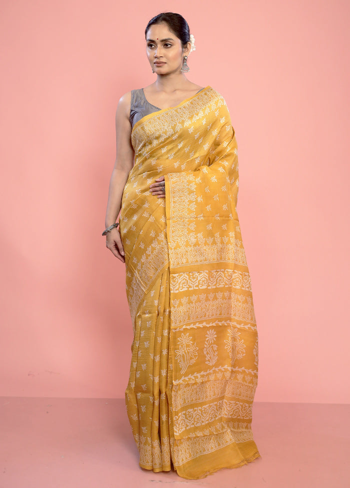 Yellow Printed Pure Silk Saree With Blouse Piece - Indian Silk House Agencies