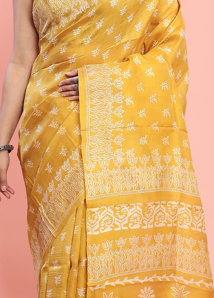 Yellow Printed Pure Silk Saree With Blouse Piece - Indian Silk House Agencies