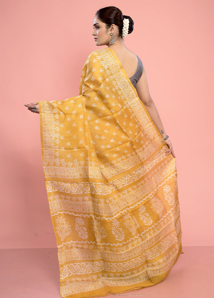 Yellow Printed Pure Silk Saree With Blouse Piece - Indian Silk House Agencies