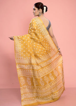 Yellow Printed Pure Silk Saree With Blouse Piece - Indian Silk House Agencies