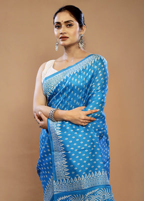 Blue Printed Pure Silk Saree With Blouse Piece - Indian Silk House Agencies