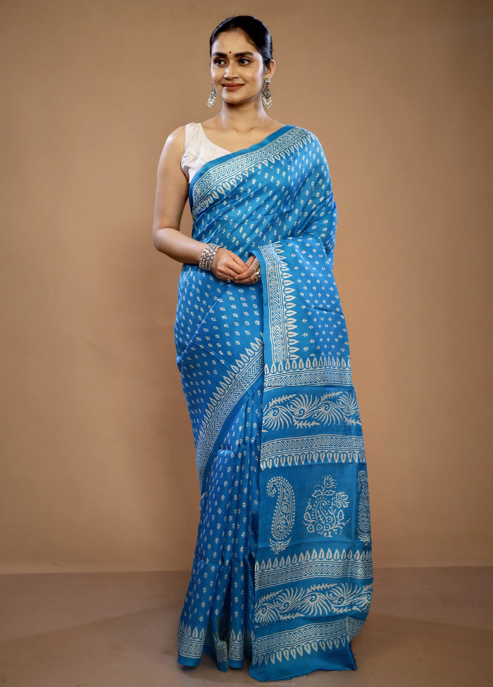 Blue Printed Pure Silk Saree With Blouse Piece - Indian Silk House Agencies