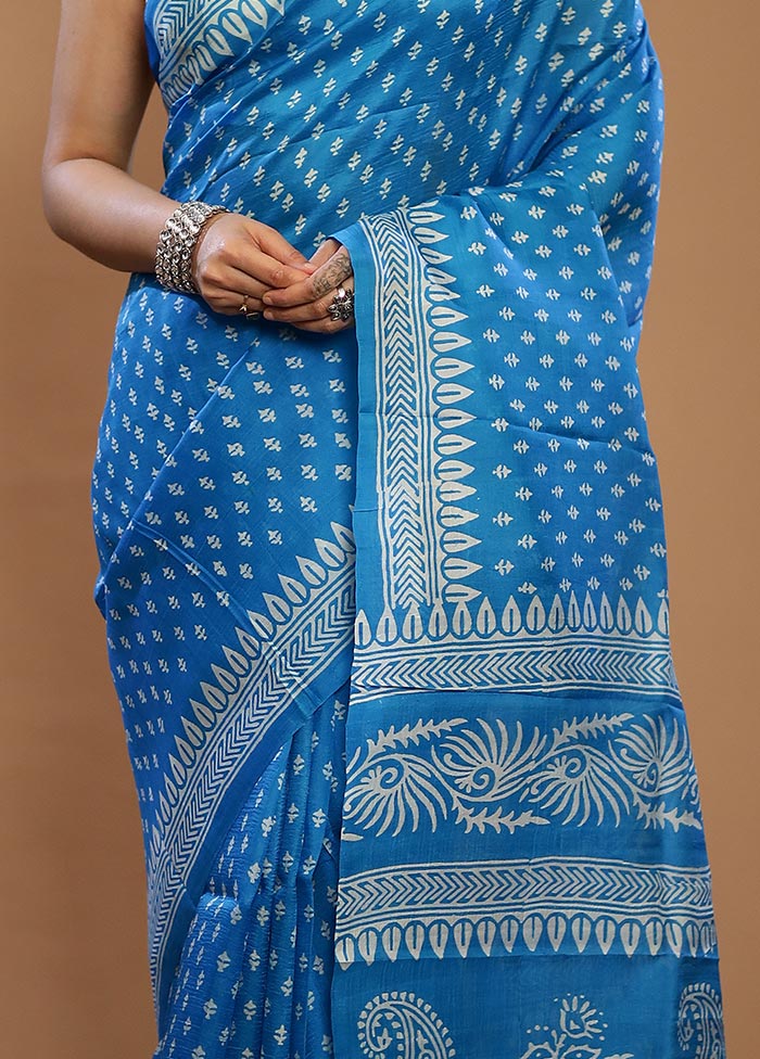 Blue Printed Pure Silk Saree With Blouse Piece - Indian Silk House Agencies