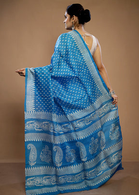 Blue Printed Pure Silk Saree With Blouse Piece - Indian Silk House Agencies