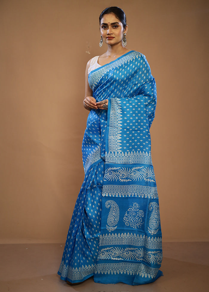 Blue Printed Pure Silk Saree With Blouse Piece - Indian Silk House Agencies