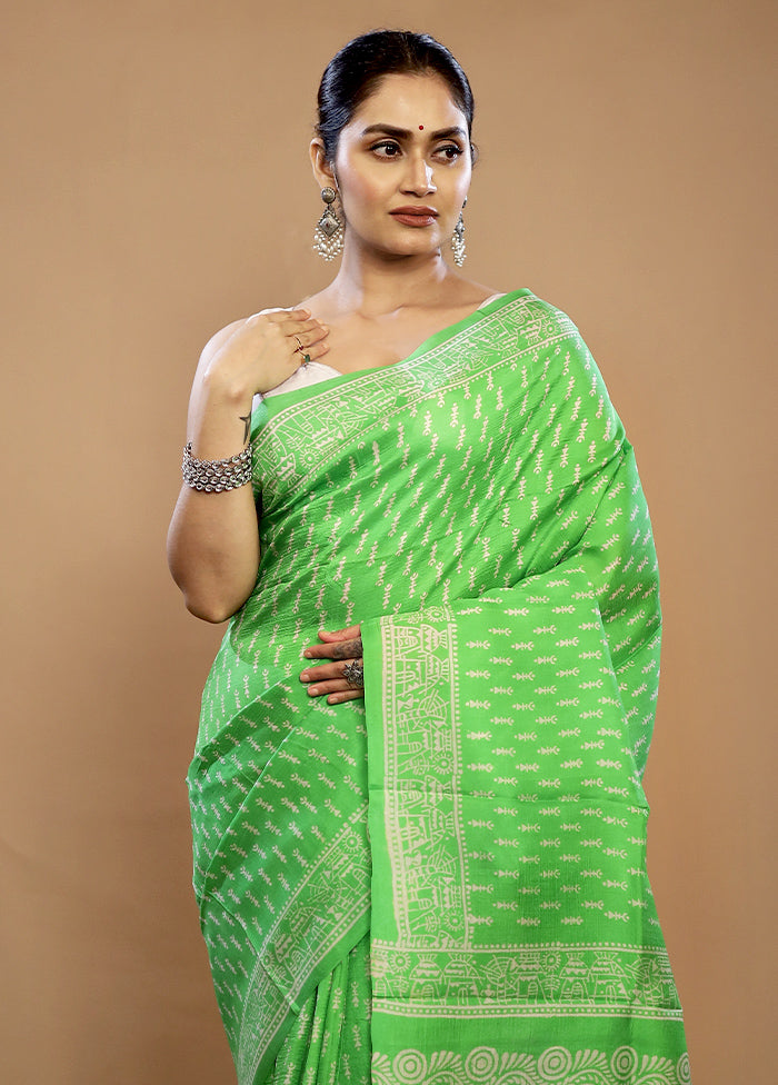 Green Printed Pure Silk Saree With Blouse Piece - Indian Silk House Agencies