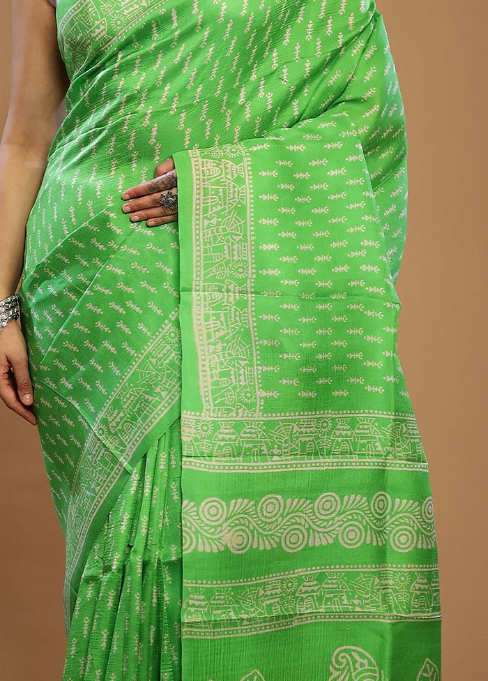 Green Printed Pure Silk Saree With Blouse Piece - Indian Silk House Agencies