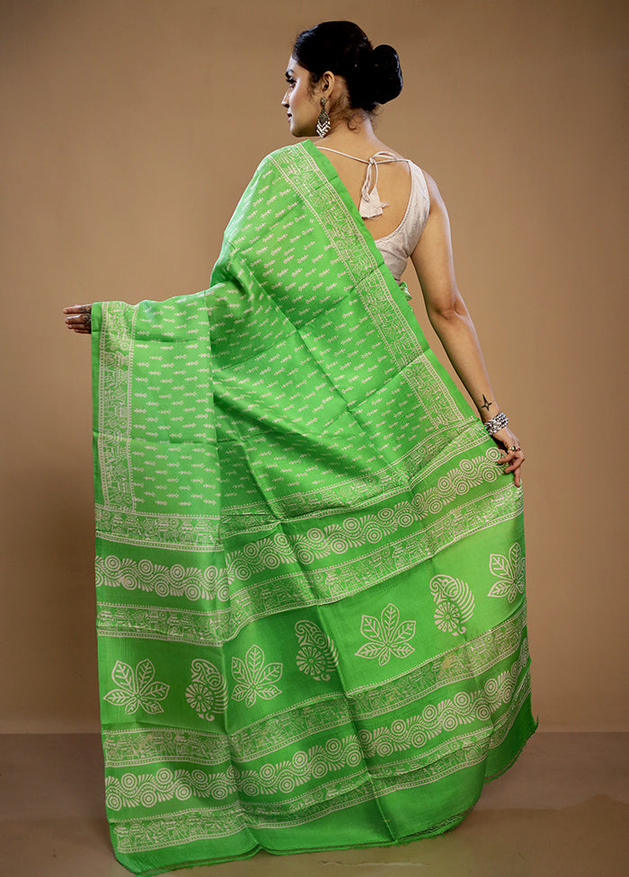 Green Printed Pure Silk Saree With Blouse Piece - Indian Silk House Agencies