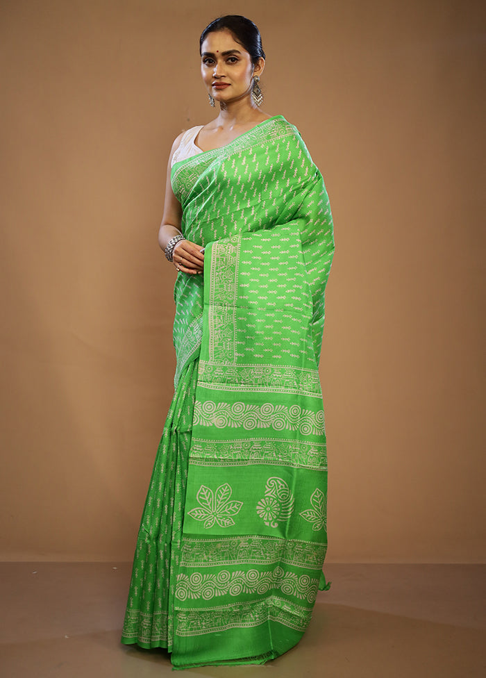 Green Printed Pure Silk Saree With Blouse Piece - Indian Silk House Agencies