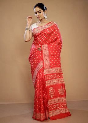 Pink Printed Pure Silk Saree With Blouse Piece - Indian Silk House Agencies