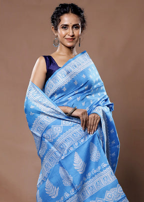 Blue Printed Pure Silk Saree With Blouse Piece - Indian Silk House Agencies