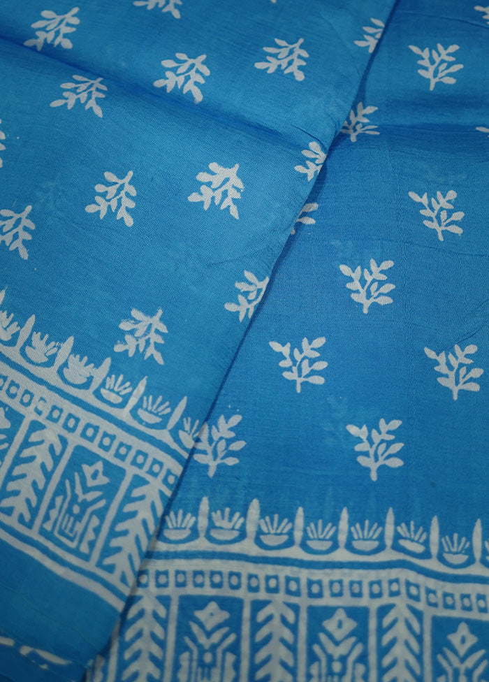 Blue Printed Pure Silk Saree With Blouse Piece - Indian Silk House Agencies