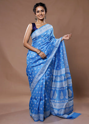 Blue Printed Pure Silk Saree With Blouse Piece - Indian Silk House Agencies