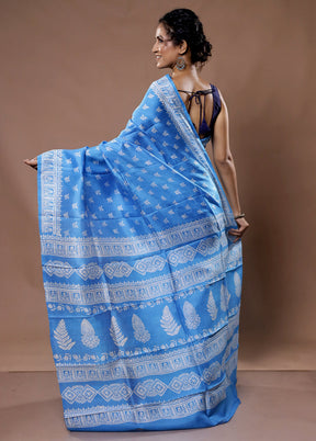 Blue Printed Pure Silk Saree With Blouse Piece - Indian Silk House Agencies