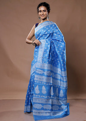 Blue Printed Pure Silk Saree With Blouse Piece - Indian Silk House Agencies