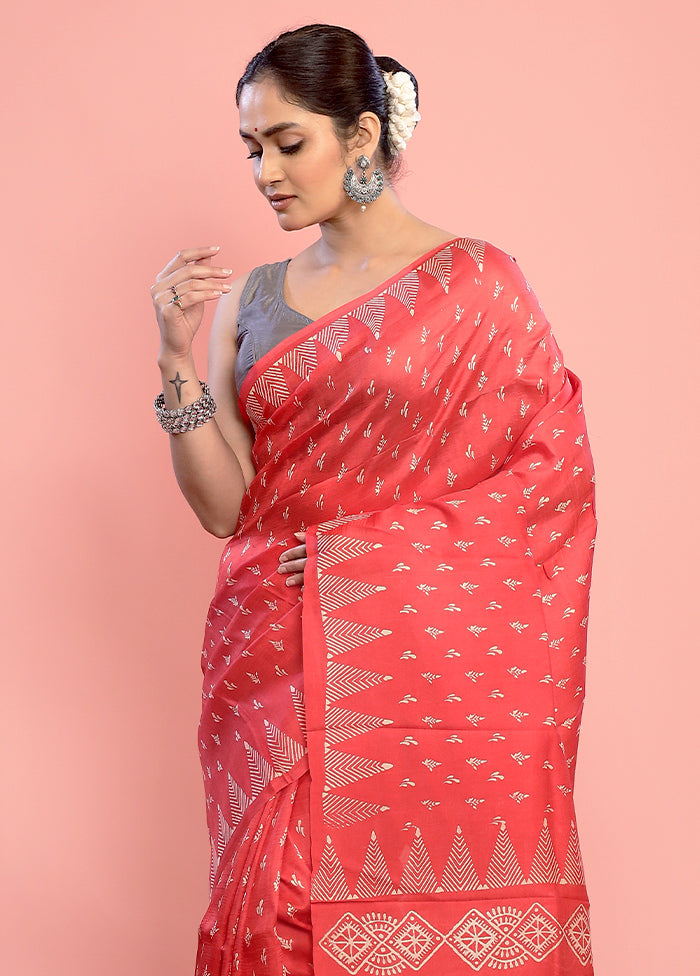 Pink Printed Pure Silk Saree With Blouse Piece - Indian Silk House Agencies