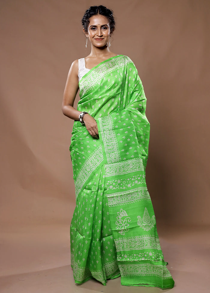 Green Printed Pure Silk Saree With Blouse Piece - Indian Silk House Agencies