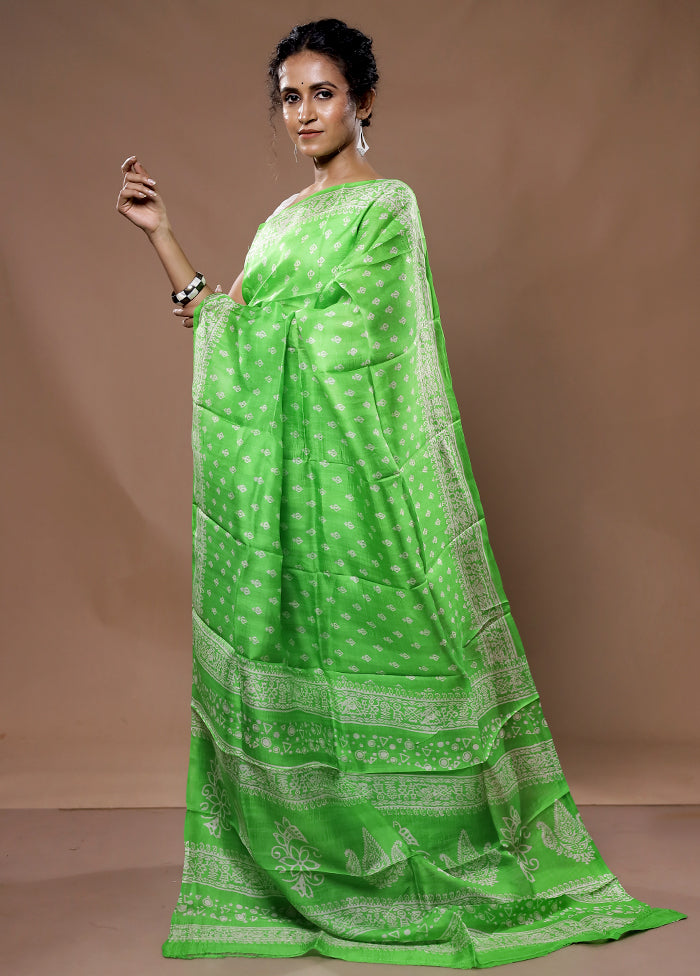 Green Printed Pure Silk Saree With Blouse Piece - Indian Silk House Agencies