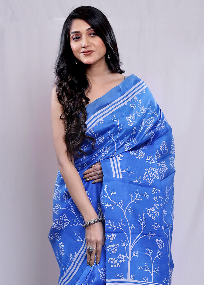 Blue Printed Pure Silk Saree With Blouse Piece - Indian Silk House Agencies