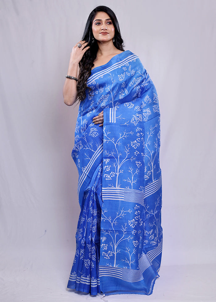 Blue Printed Pure Silk Saree With Blouse Piece - Indian Silk House Agencies