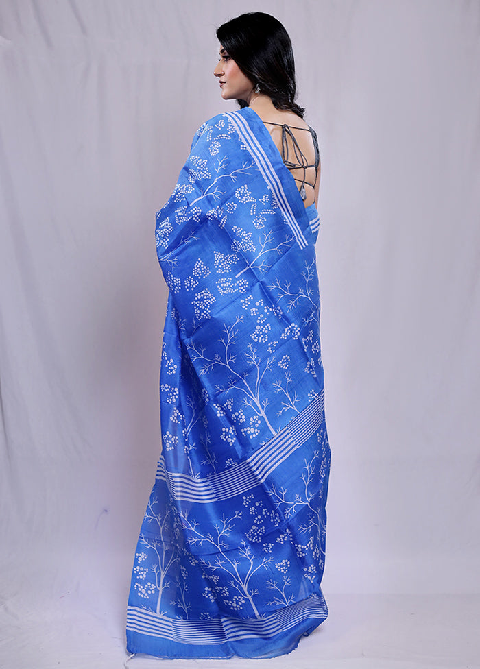 Blue Printed Pure Silk Saree With Blouse Piece - Indian Silk House Agencies