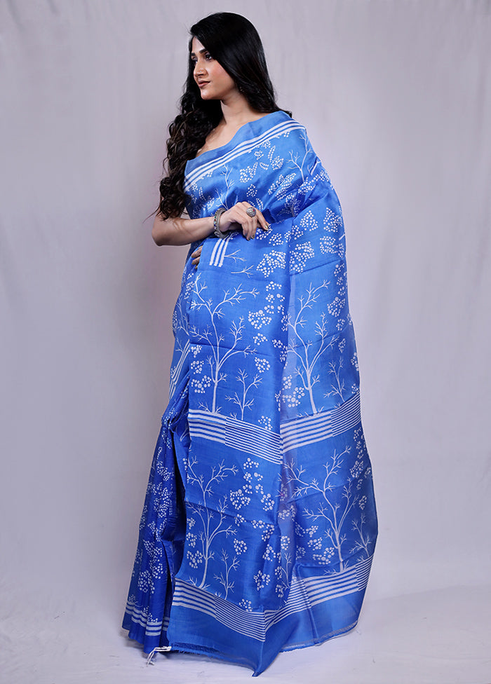 Blue Printed Pure Silk Saree With Blouse Piece - Indian Silk House Agencies