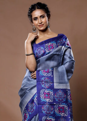 Grey Printed Pure Silk Saree With Blouse Piece - Indian Silk House Agencies