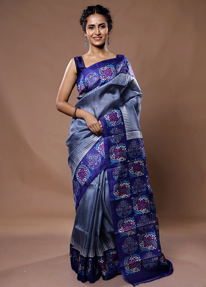 Grey Printed Pure Silk Saree With Blouse Piece - Indian Silk House Agencies