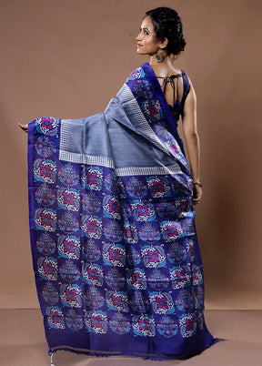 Grey Printed Pure Silk Saree With Blouse Piece - Indian Silk House Agencies