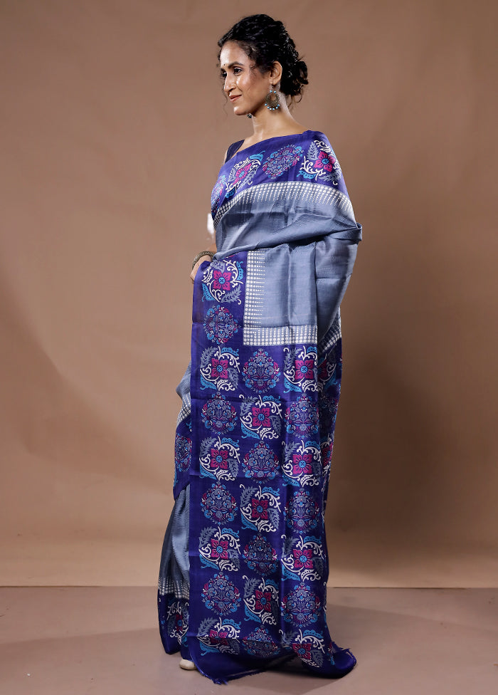 Grey Printed Pure Silk Saree With Blouse Piece - Indian Silk House Agencies