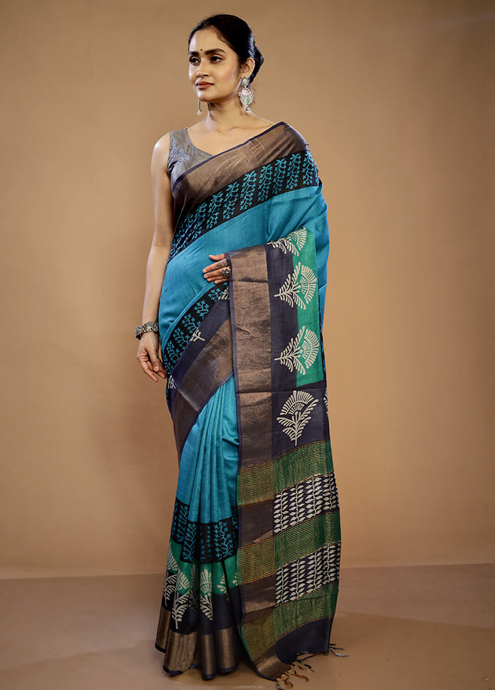 Blue Tussar Silk Saree With Blouse Piece - Indian Silk House Agencies