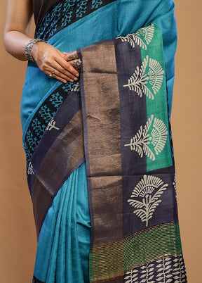 Blue Tussar Silk Saree With Blouse Piece - Indian Silk House Agencies