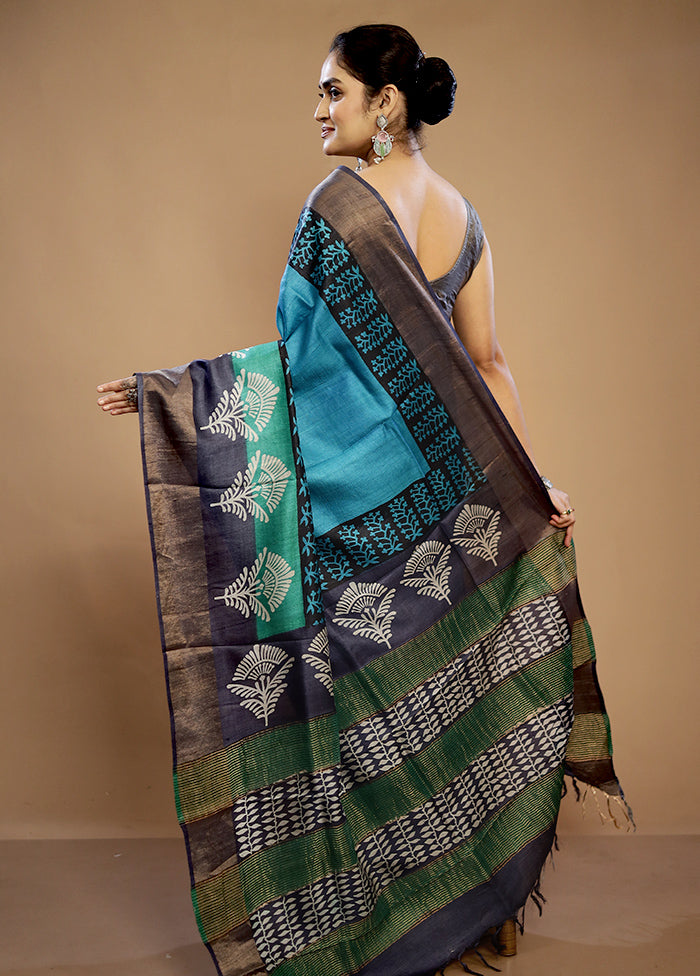 Blue Tussar Silk Saree With Blouse Piece - Indian Silk House Agencies