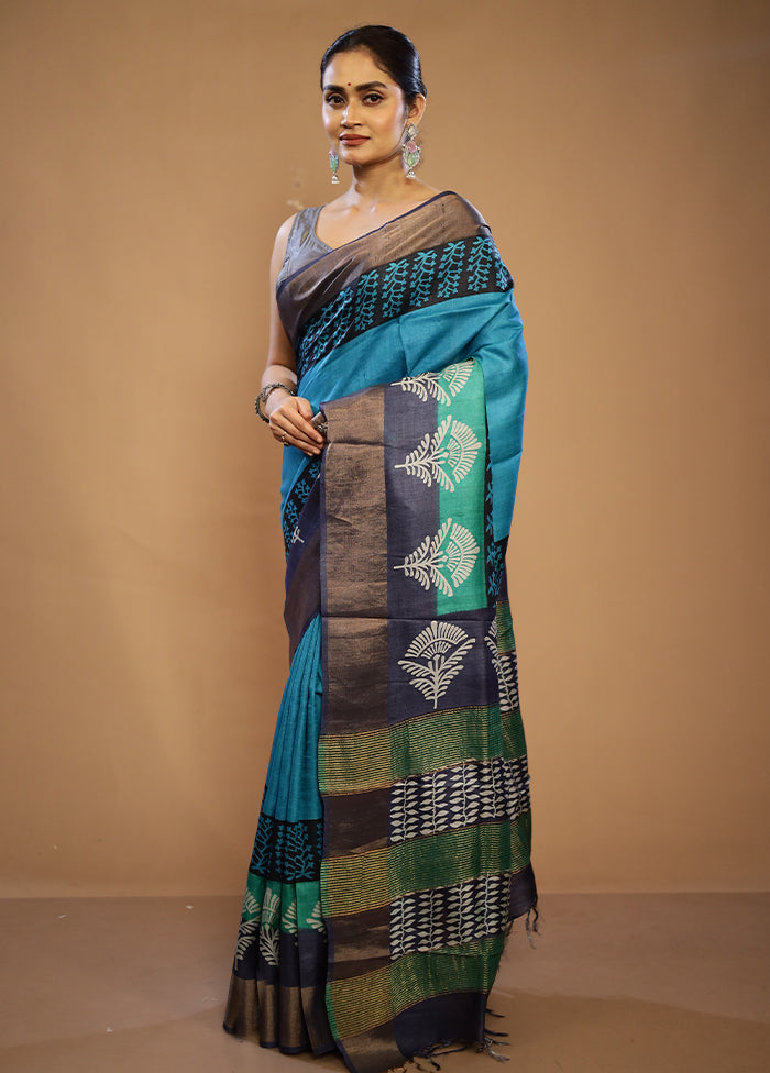 Blue Tussar Silk Saree With Blouse Piece - Indian Silk House Agencies