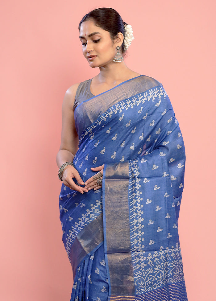 Blue Tussar Silk Saree With Blouse Piece - Indian Silk House Agencies