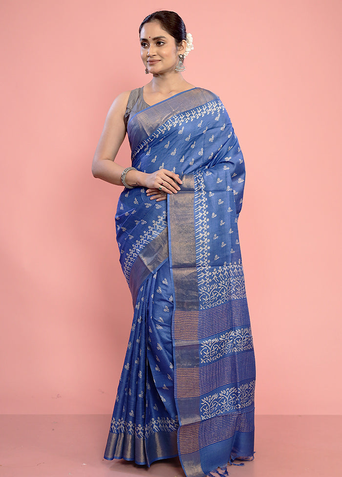 Blue Tussar Silk Saree With Blouse Piece - Indian Silk House Agencies