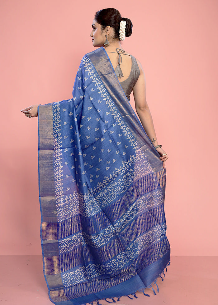 Blue Tussar Silk Saree With Blouse Piece - Indian Silk House Agencies