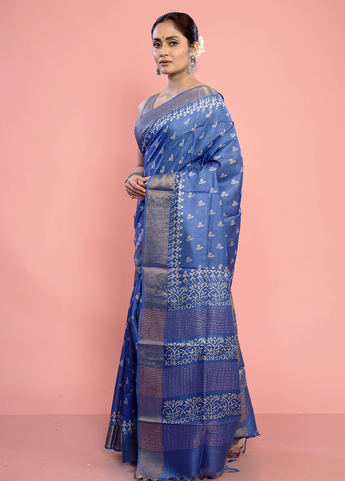 Blue Tussar Silk Saree With Blouse Piece - Indian Silk House Agencies