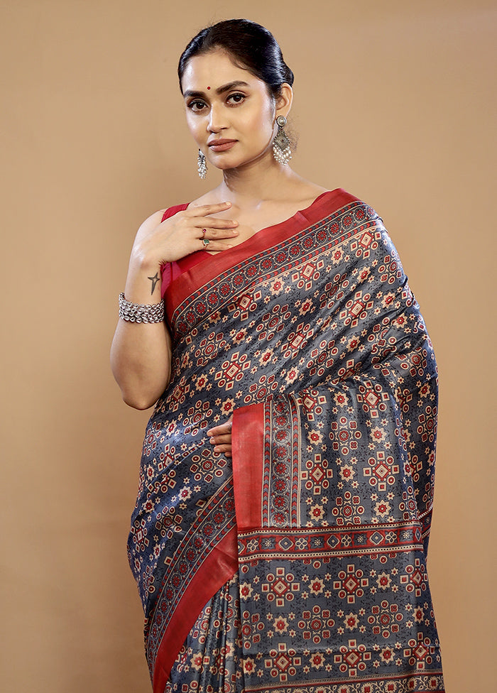 Grey Printed Pure Silk Saree With Blouse Piece - Indian Silk House Agencies