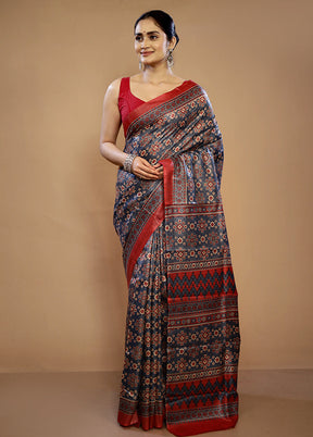 Grey Printed Pure Silk Saree With Blouse Piece - Indian Silk House Agencies