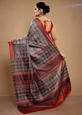 Grey Printed Pure Silk Saree With Blouse Piece - Indian Silk House Agencies