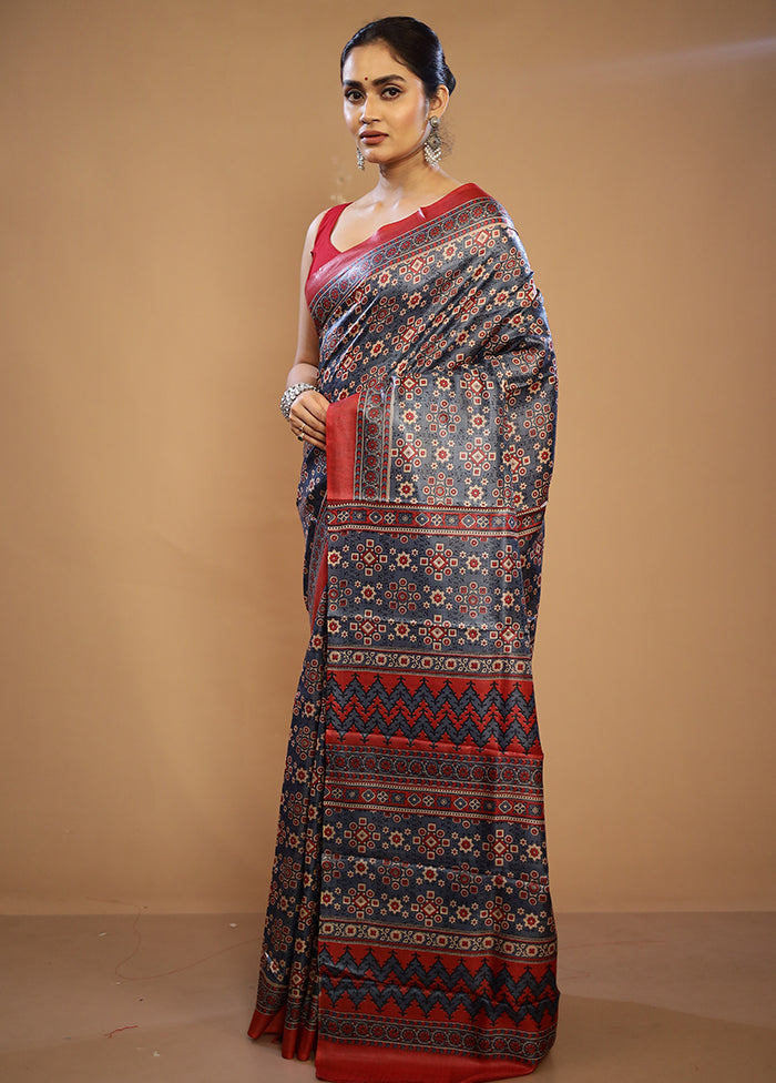 Grey Printed Pure Silk Saree With Blouse Piece - Indian Silk House Agencies