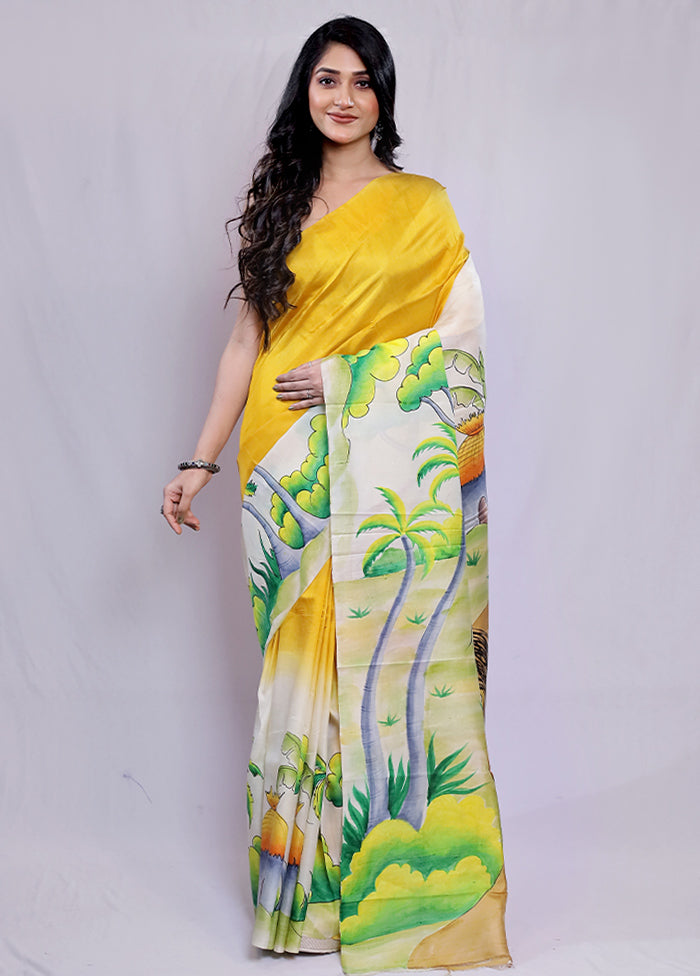 Cream Printed Pure Silk Saree With Blouse Piece - Indian Silk House Agencies