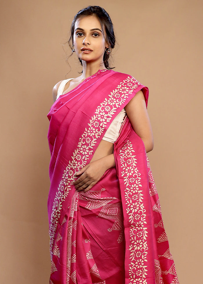 Pink Printed Pure Silk Saree With Blouse Piece - Indian Silk House Agencies