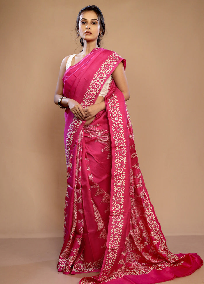 Pink Printed Pure Silk Saree With Blouse Piece - Indian Silk House Agencies