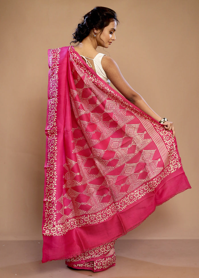 Pink Printed Pure Silk Saree With Blouse Piece - Indian Silk House Agencies