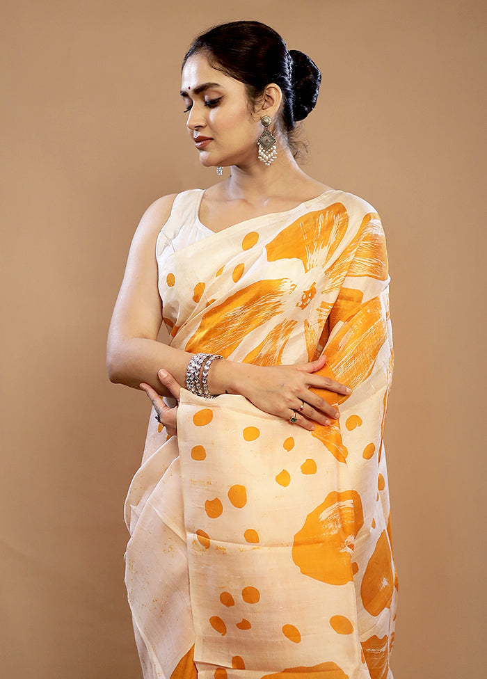 Cream Printed Pure Silk Saree With Blouse Piece - Indian Silk House Agencies